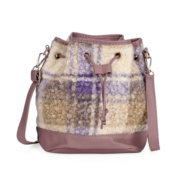 Purple/Tan Bucket Bag with Checker Pattern Faux Fur Design - Picture 2 of 6